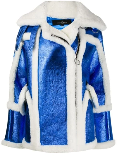 Shop Nicole Benisti Metallic Moto Coat In Blue White