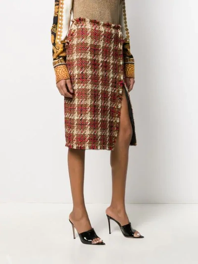 Shop Versace Check Tweed Skirt In Red