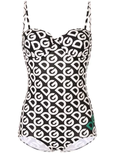 Shop Dolce & Gabbana Initials Logo Print Swimsuit In Black