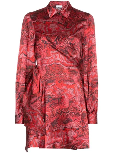 Shop Ganni Printed Wrap Mini Dress In Red