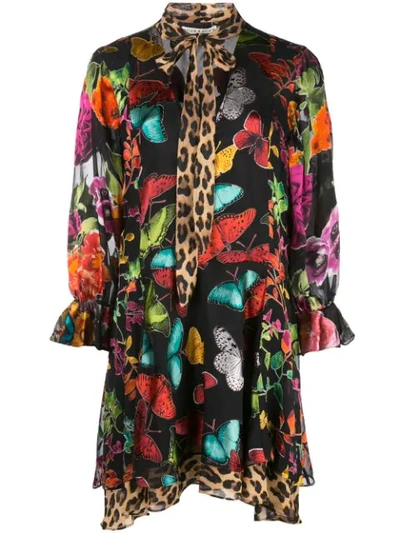 Shop Alice And Olivia Multi-print Tie Neck Dress In Butterflies/combo