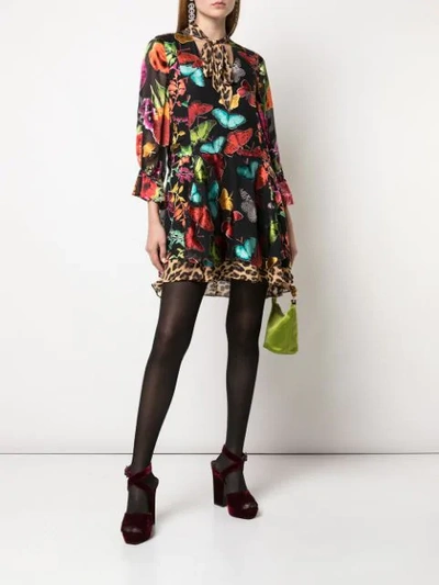 Shop Alice And Olivia Multi-print Tie Neck Dress In Butterflies/combo