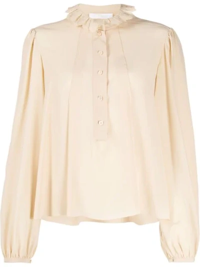 Shop Chloé Embroidered Ruffled Blouse In Neutrals