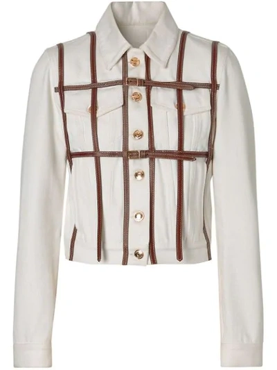 Shop Burberry Leather Harness Detail Denim Jacket In White