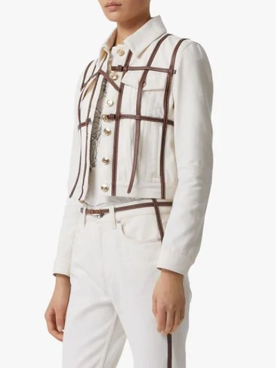 Shop Burberry Leather Harness Detail Denim Jacket In White