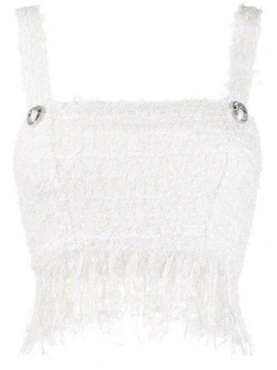 Shop Balmain Tweed Cropped Top In White