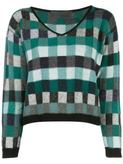 Shop The Elder Statesman Cropped Check Knit Sweater In Green