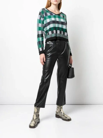 Shop The Elder Statesman Cropped Check Knit Sweater In Green