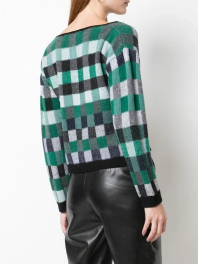 Shop The Elder Statesman Cropped Check Knit Sweater In Green