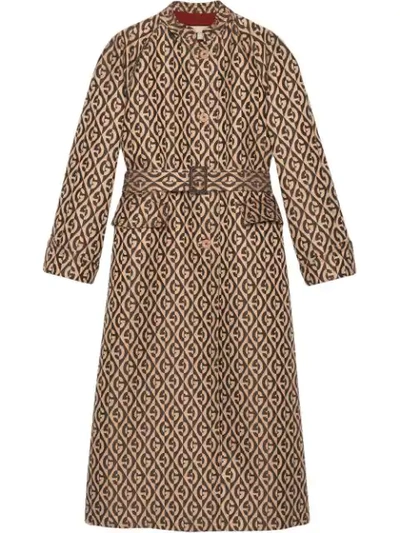 Shop Gucci G Rhombus Belted Trench Coat In Brown
