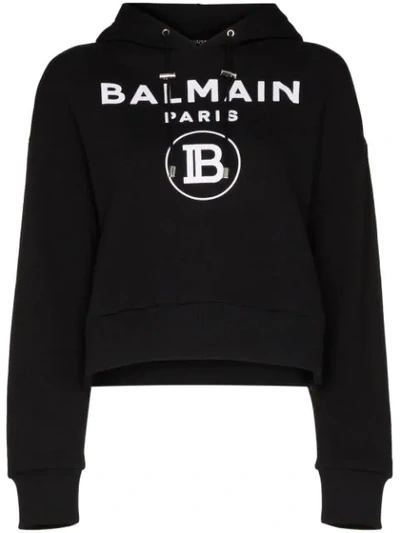 Shop Balmain Printed Logo Cropped Hoodie In Black