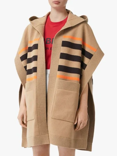 Shop Burberry Stripe Detail Hooded Cape In Neutrals