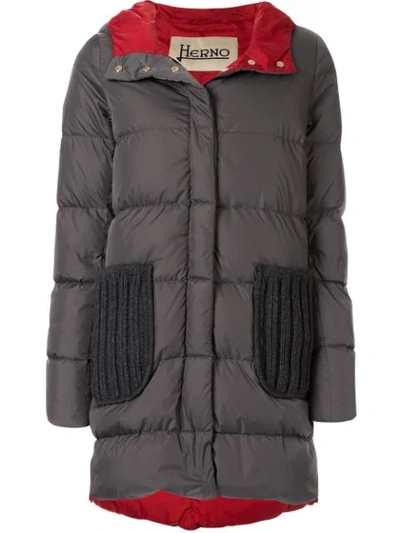 Shop Herno Knitted Detail Padded Coat In Grey