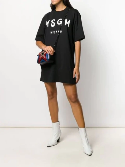 Shop Msgm Printed Logo T-shirt Dress In Black
