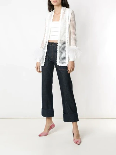 Shop Andrea Bogosian Feather Appliqué Knit Cardigan In White