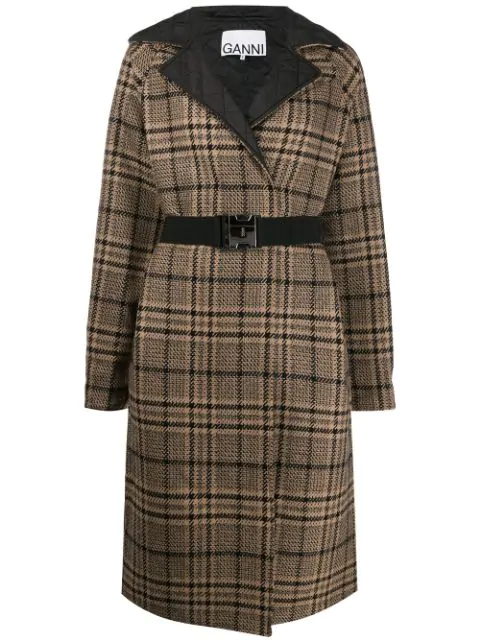 Ganni Reversible Quilted Check Tech Wool Coat In Brown | ModeSens
