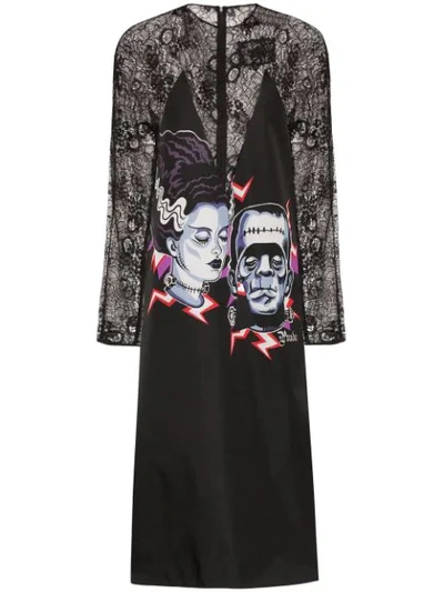 Shop Prada Frankenstein-print Lace-panel Dress In Black