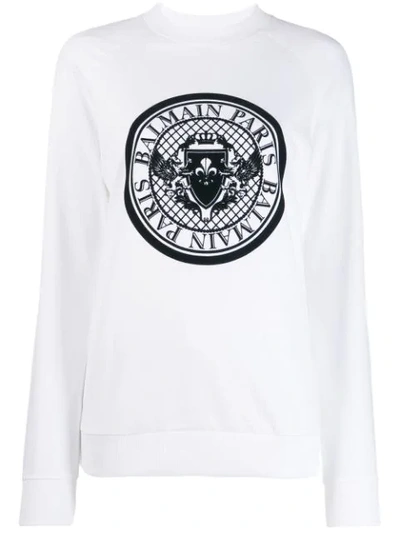 Shop Balmain Medallion Logo Sweatshirt In White