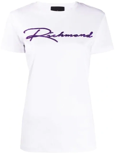Shop John Richmond Sequinned Logo T-shirt In White