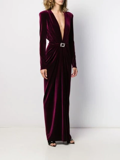 Shop Alexandre Vauthier Plunge Neck Belted Gown In Red
