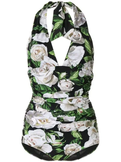Shop Dolce & Gabbana Floral Print Bodysuit In Green