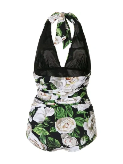 Shop Dolce & Gabbana Floral Print Bodysuit In Green