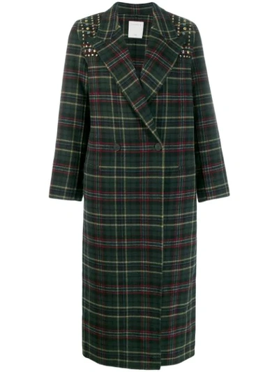 Shop Sandro Checked Double Breasted Coat In Green