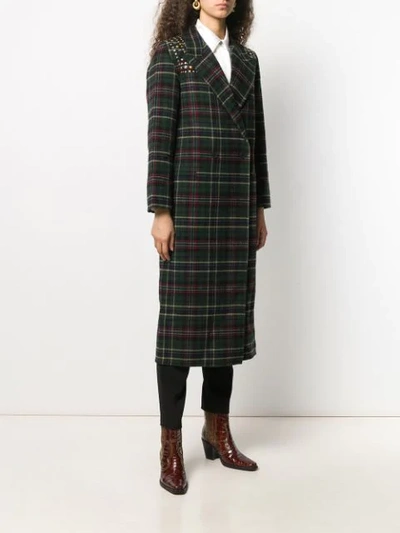Shop Sandro Checked Double Breasted Coat In Green