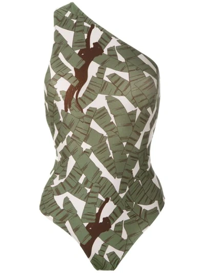 Shop Adriana Degreas Printed One Shoulder Swimsuit In Green
