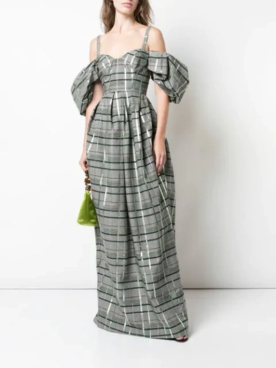 Shop Rosie Assoulin Off-shoulder Check Gown In Grey