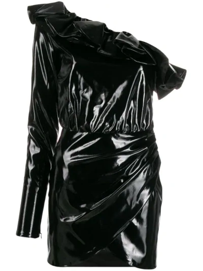 Shop Amen Ruffled Faux-leather Dress In Black