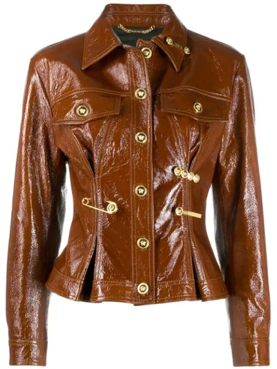 Shop Versace Safety Pin-embellished Leather Jacket In Brown