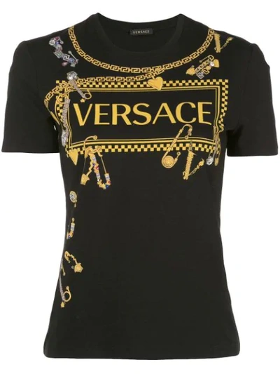 Shop Versace Graphic Logo Print T-shirt In Black ,gold