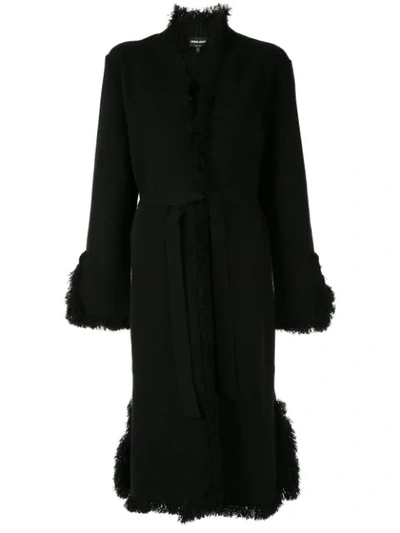 Shop Giorgio Armani Fringe Trimmed Coat In Black