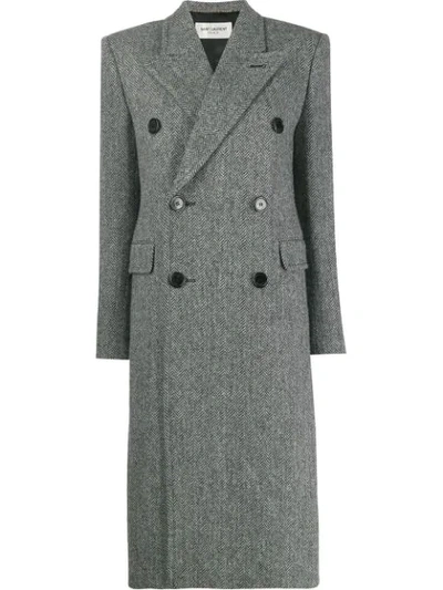 Shop Saint Laurent Chevron Pattern Double-breasted Coat In Grey