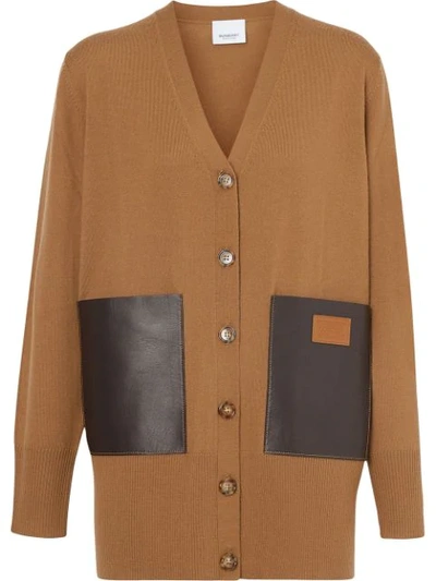 Shop Burberry Lambskin Pocket Merino Wool Cardigan In Brown