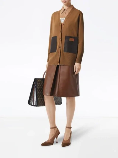 Shop Burberry Lambskin Pocket Merino Wool Cardigan In Brown