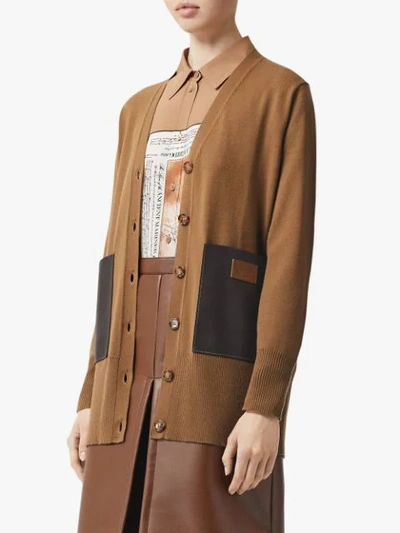 Shop Burberry Lambskin Pocket Merino Wool Cardigan In Brown