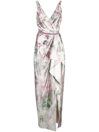 Shop Marchesa Notte Shiny Floral Print Draped Gown In Silver