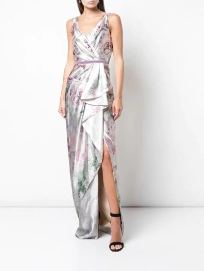 Shop Marchesa Notte Shiny Floral Print Draped Gown In Silver