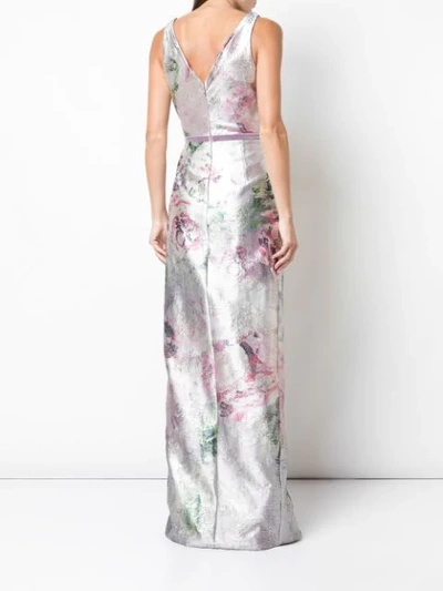 Shop Marchesa Notte Shiny Floral Print Draped Gown In Silver