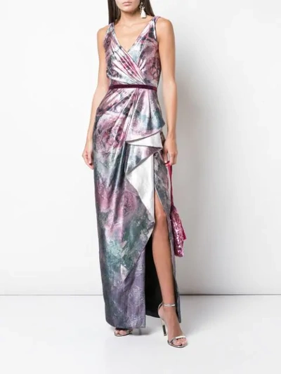 Shop Marchesa Notte Shiny Floral Print Draped Gown In Pink