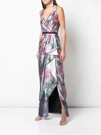 Shop Marchesa Notte Shiny Floral Print Draped Gown In Pink