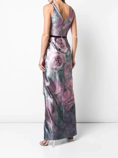 Shop Marchesa Notte Shiny Floral Print Draped Gown In Pink