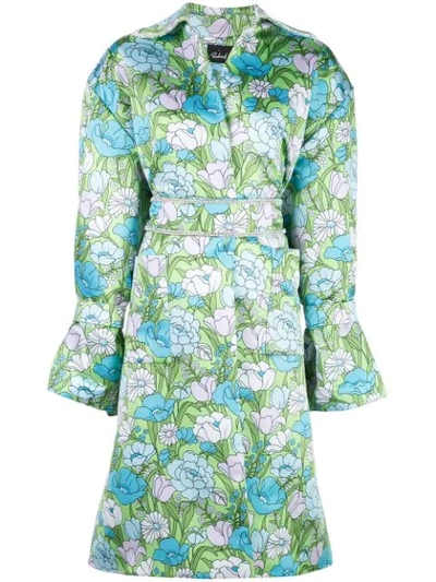 Shop Richard Quinn Floral-print Belted Flared Dress In Blue