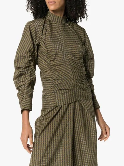 Shop Ganni Ruched Check Pattern Blouse In Brown