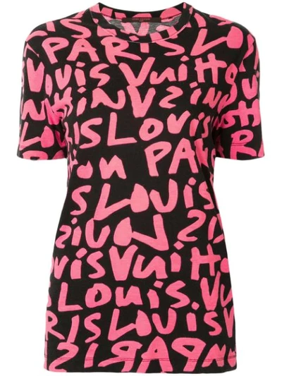 LOUIS VUITTON Graffiti T-Shirt Size S Pink X Black Auth Men Used
