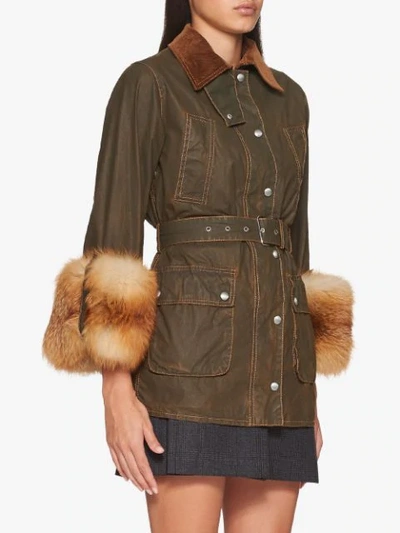 Shop Miu Miu Fur Cuffs Military Jacket In Green