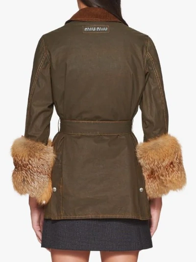 Shop Miu Miu Fur Cuffs Military Jacket In Green