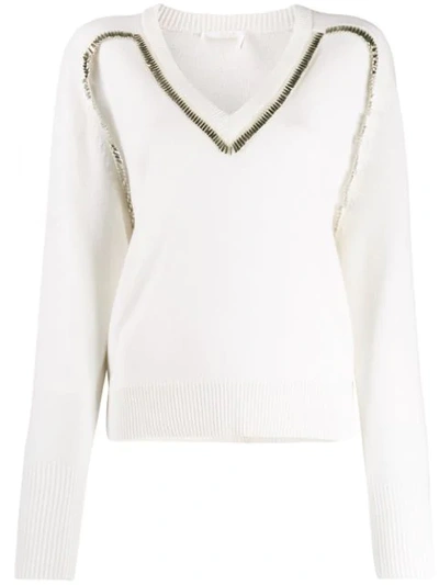 Shop Chloé Embellished Knitted Jumper In White